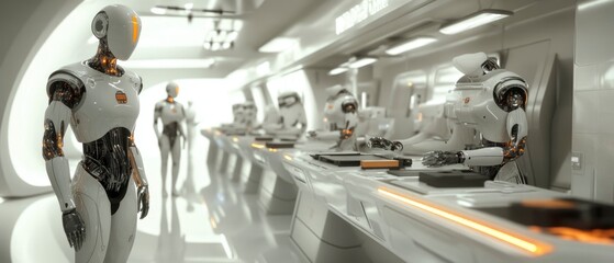 Obraz premium A futuristic scene featuring humanoid robots in a sleek, modern workspace.