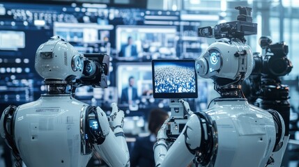 Two robots operate cameras and screens, capturing a digital event or presentation.