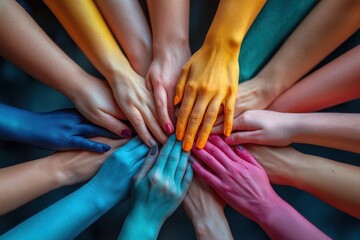 Diverse Hands United in Celebration of Community and Teamwork Among Young Adults