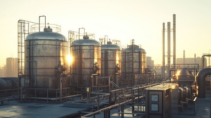 Obraz premium Industrial Sunset: A Golden Hour at the Refinery
