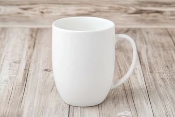 A simple white mug sits on a wooden surface, ideal for beverages and customizable for personal or promotional use.