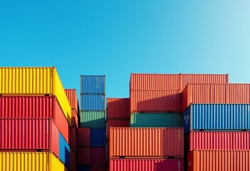 Fototapeta premium Geometric Patterns of Colorful Cargo Containers: Captivating Industrial Photography Featuring Stacked Shipping Containers in a Panoramic View Against a Clear Sky 