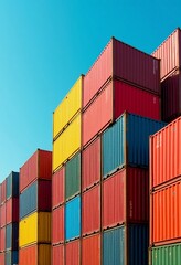 Fototapeta premium Modern Logistics in Action: Stunning Panoramic View of Vibrant Red, Yellow, Blue, and Green Shipping Containers at a Busy Port Terminal with a Clear Blue Sky
