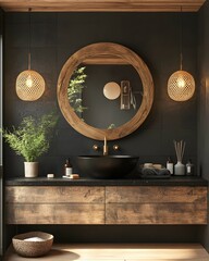 Modern Rustic Bathroom Design with Wooden Accents, Round Mirror, and Black Basin Featuring Elegant Lighting and Natural Decor Elements for a Cozy and Inviting Atmosphere.