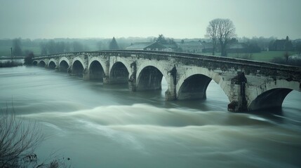Fototapeta premium Serene Stone Bridge Over Flowing River in Misty Landscape