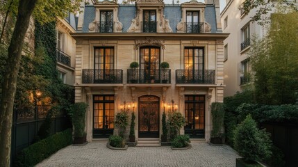 Obraz premium Elegant Parisian townhouse with ornate facade, double doors, balconies, and lush landscaping.