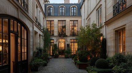 Parisian courtyard at twilight, showcasing elegant architecture, lush greenery, and cobblestone pathway.