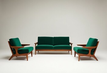 Panoramic View of Mid-Century Modern Furniture Featuring Clean Lines, Symmetric Composition, and Luxurious Velvet Upholstery
