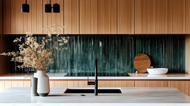 Modern kitchen with wood cabinets, dark green tile backsplash, and sleek black faucet.