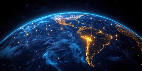 Obraz premium Glowing Earth Network Map of South America Concept for Global Connectivity and Telecommunication Technology
