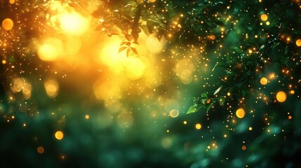 Gold Bokeh and Green Blurry Background Abstract Banner with Soft Focus Ethereal Glow