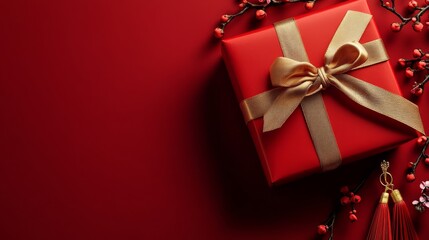 Chinese New Year background. Red paper fans and gold ingots. Tangerines and Chinese symbols on red background. Traditional Chinese elements. Happy new year. Copy space area for text