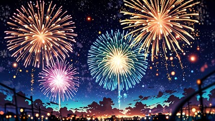 Anime cartoon style, Abstract colored fireworks background with beautiful fireworks lighting up the night sky. Bokeh effect