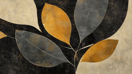 Abstract art print of stylized leaves in gold and gray on textured background.