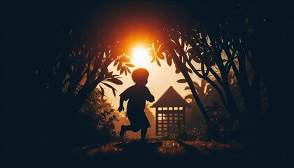 Obraz premium A child playing hide and seek in a garden, silhouette, action photography, aesthetics,