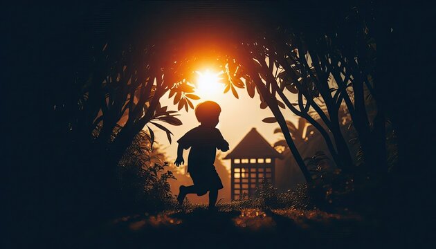 A child playing hide and seek in a garden, silhouette, action photography, aesthetics,