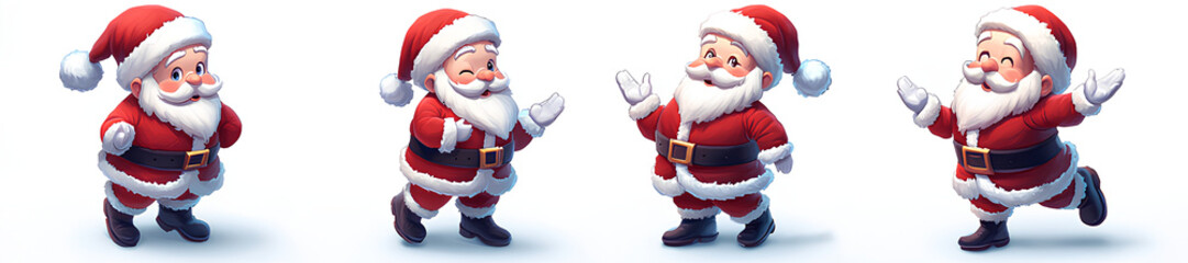 A collection of 4 cute isometric Santa Claus pose icons featuring shaking head. The background is plain white