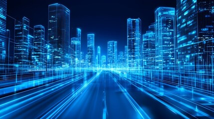 Fototapeta premium Futuristic city skyline at night, glowing roads and buildings.