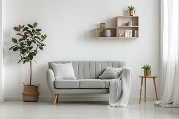 Minimalist Living Room with Gray Sofa and Greenery