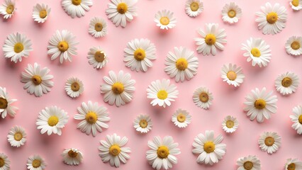 White daisy chamomile flowers on pale pink background. 