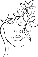 Woman Face with Flowers One Line Drawing. Floral Female Head Creative Contemporary Abstract Drawing. Beauty Fashion Female Portrait, Elegant Vector Minimalist Art for Fashion Design, Wall Art, Prints