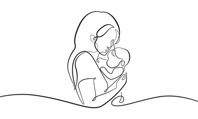 Happy Mothers Day Line Art Vector Illustration. Continuous Single Line Drawing of Mother Holds Little Child. Happy Family Hand Drawn Contour Silhouette Outline Style. 
