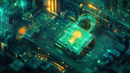 Futuristic Nightscape with Glowing Padlock: Digital Illustration of Advanced Technology and Security