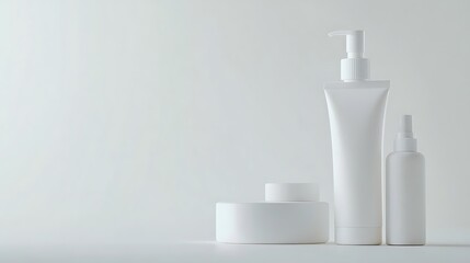 A minimalist arrangement of white skincare products on a light background.