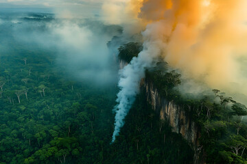 Fototapeta premium Aerial view of rainforest fire with smoke plume rising from cliff edge at sunset.