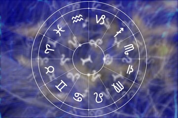 Astrology wheel and Horoscope Signs at Night Sky