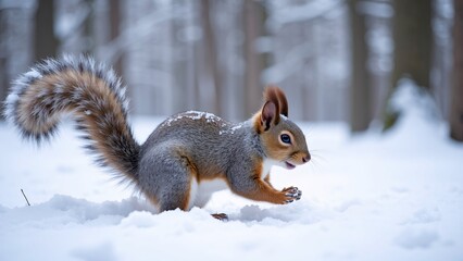 Red Squirrel Perched on Snow-Covered Branch