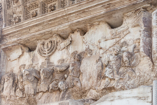 The Arch of Titus. Its panel depicts the spoils taken from the Temple in Jerusalem, as The Golden Menorah carved in deep relief, the unique Biblical Menorah model made by Moses. Roman Forum, 2017