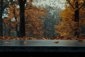 Autumn leaves on wet surface with blurred fall foliage background.