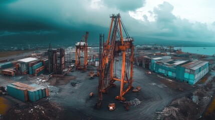 Rusty Cranes and Shipping Containers at a Decaying Port