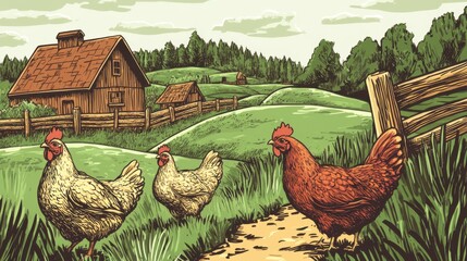 Charming Countryside Scene Featuring Chickens Walking Along a Dusty Path Near a Rustic Farmhouse Surrounded by Lush Green Fields and Rolling Hills