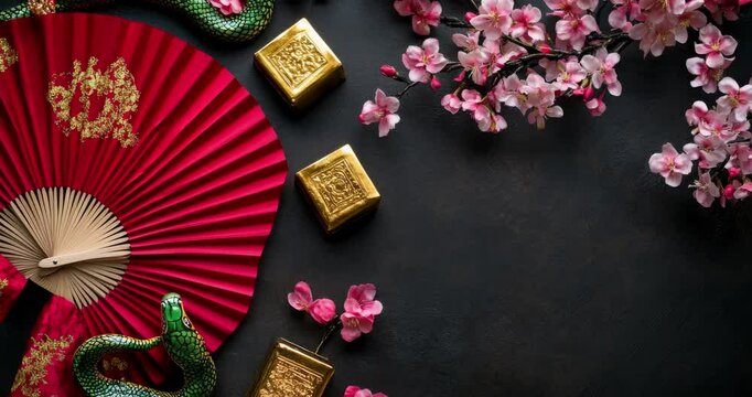 Oriental style banner background with beautiful Cherry blossom flowers and fans at border. Design creative concept of chinese festival celebration gong xi fa cai. Happy chinese new year. Copyspace