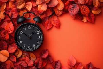 Black Clock and Autumn Leaves on Bright Orange Background in Minimalist Still Life with Natural Lighting