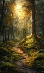 Obraz premium Green Wilderness Nature Depicting a Lush Forest Scene With sunshine and river ai generated