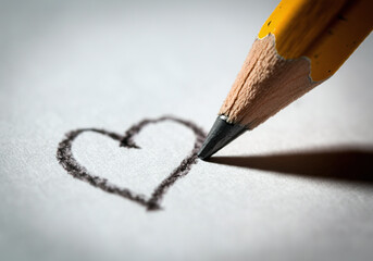 Close up of a pencil drawing a heart mark on white paper.