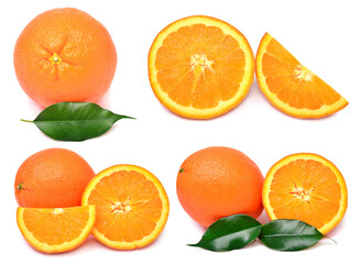 Set of orange fruit whole, half and slices isolated on white background