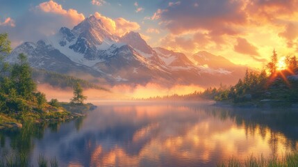 Majestic Mountain Lake at Sunrise with Misty Reflections