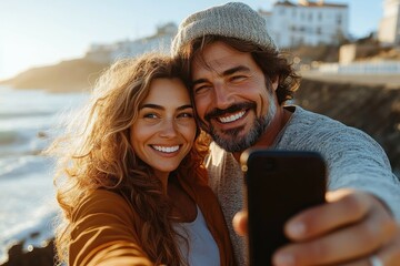 Happy retired couple taking a selfie by the ocean during golden hour in Bahia