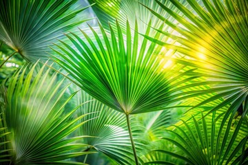 Obraz premium Close-Up Double Exposure of Green Palm Leaf Texture from Bottle Palm Tree in a Lush Garden Setting, Highlighting Ornamental Plant Details and Vibrant Nature Elements