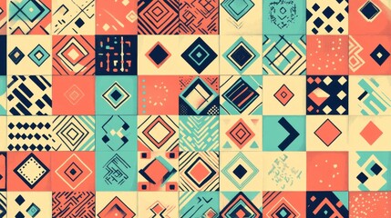 Fototapeta premium Abstract geometric pattern design with colorful squares and lines.