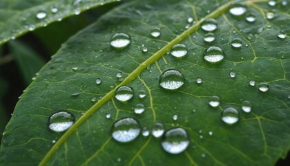Close-up of dew drops on bright green leaves, zoomed in to highlight the intricate details of the water droplets, each droplet
