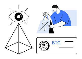 Eye above pyramid, person holding shopping bags, BTC icon representing cryptocurrency payment. Ideal for digital economy, cryptocurrency, ecommerce, online shopping, fintech, retail trends