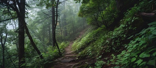 Mysterious Forest Path Through Foggy Woods