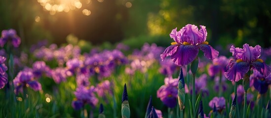 Obraz premium Purple irises in a field with sunlight shining through the foliage.