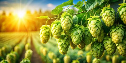 Fototapeta premium Close-Up of Green Fresh Hop Cones Surrounded by Agricultural Fields, Perfect for Beer Brewing and Bread Making, Capturing the Essence of Oktoberfest and Brewery Culture