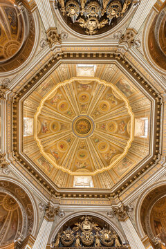The cupola of the Santa Maria di Loreto church, built in 1507 by Antonio da Sangallo, with an octagonal floor plan; the dome and the lantern were completed by Jacopo del Duca in 1582. Rome Italy, 2017